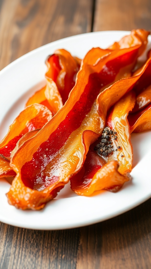 Crispy Bacon in Ninja Air Fryer Recipe Crispy bacon slices on a plate, garnished with pepper, on a rustic table.